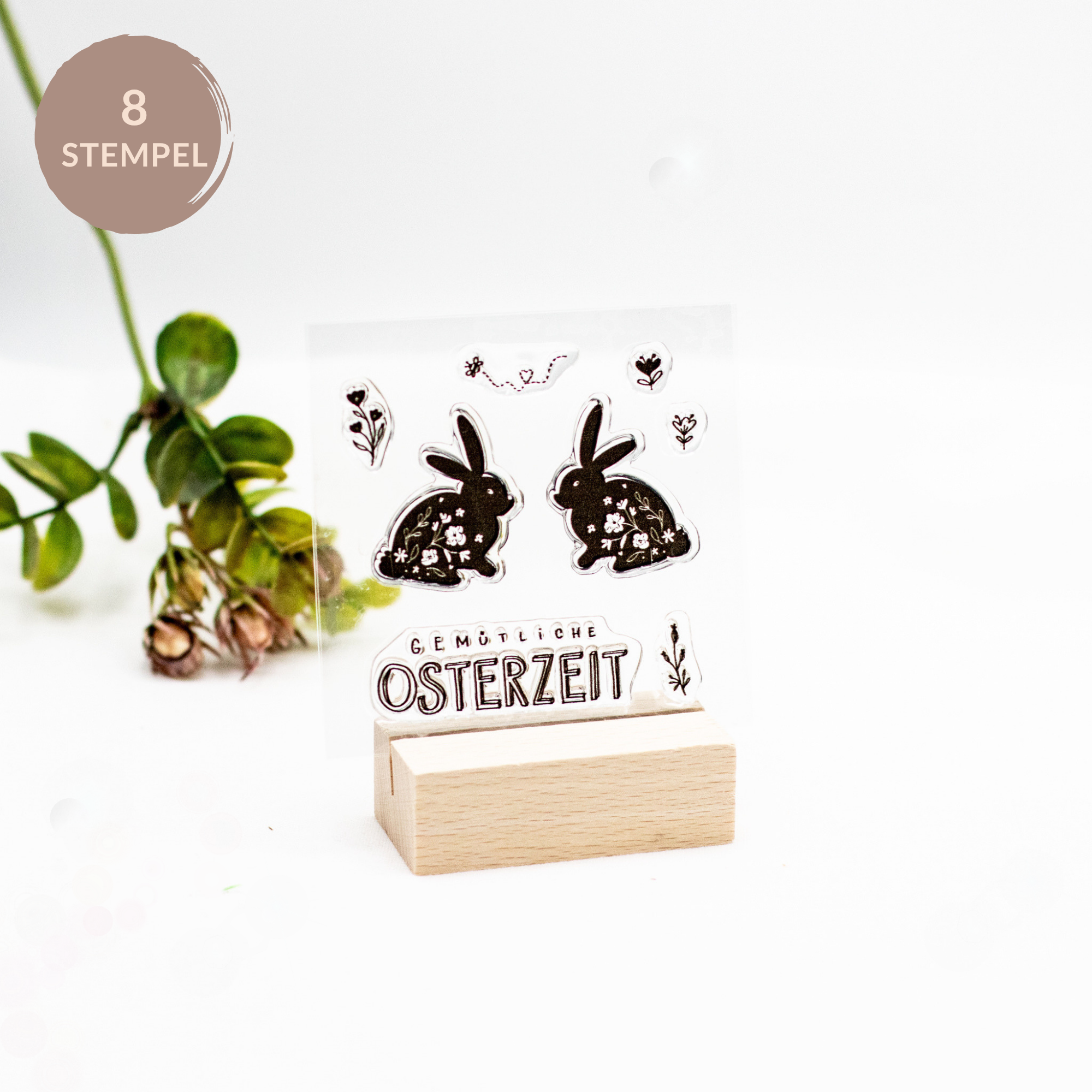 Stempelset Häschen – 8 Photopolymer Stempel für Ostern Stempelset Häschen mit Ostermotiv und Schriftzug Gemütliche Osterzeit aus 8 Photopolymer-Stempeln