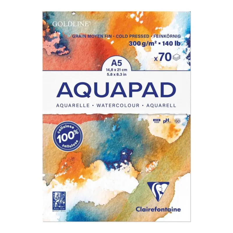 Clairefontaine Aquapad Aquarellblock A5 mit 70 Blatt, 300g, feiner Textur