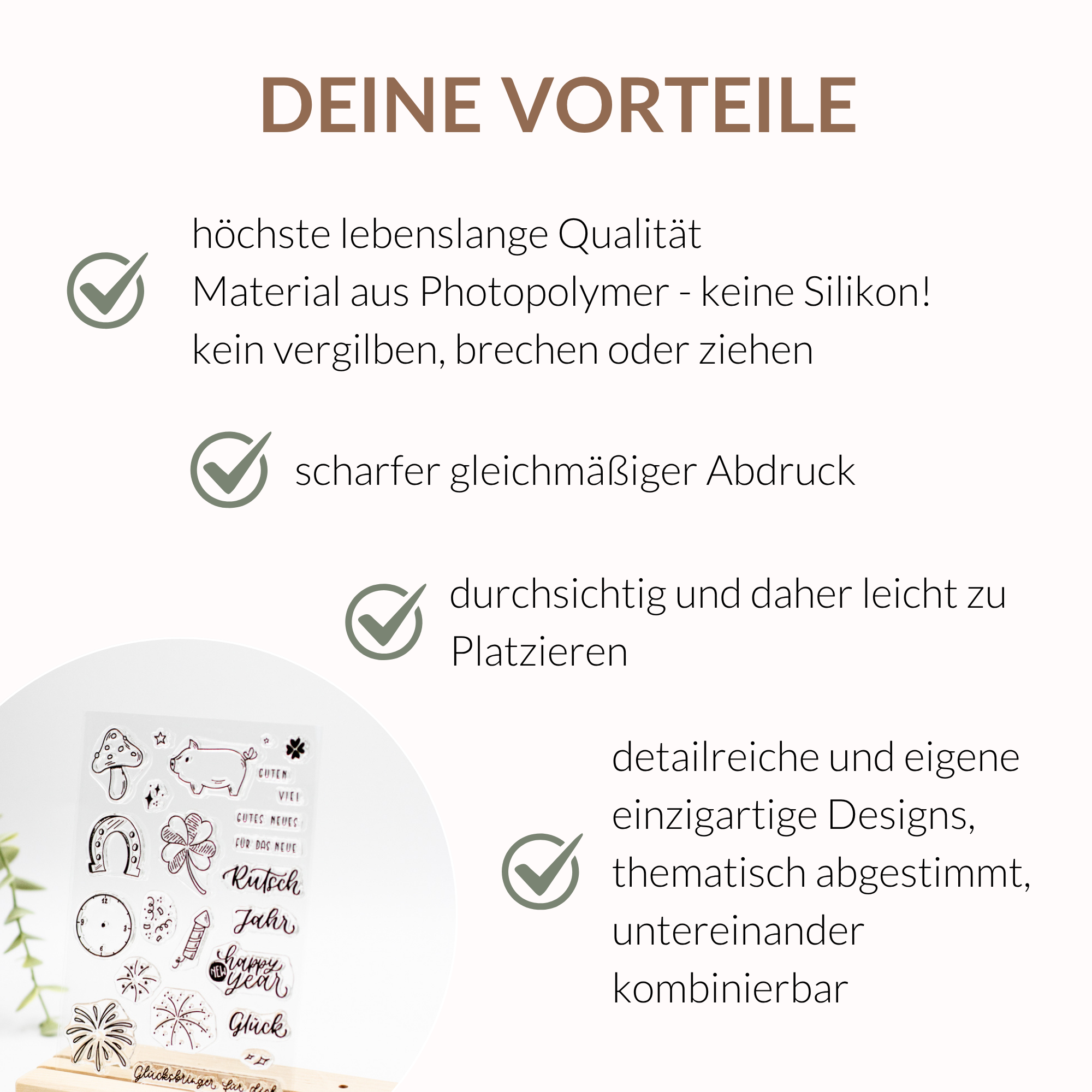 Stempelset Silvester Stempelset Silvester mit vielen Motiven, Hufeisen, Feuerwerk, Kleeblatt und Texten.