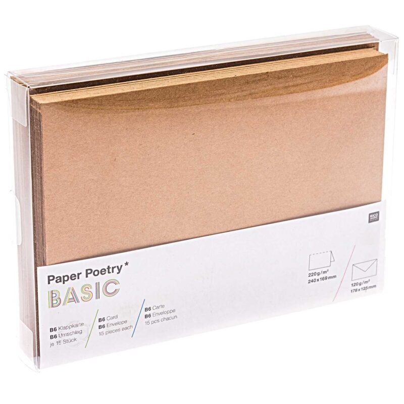 Paper Poetry Kartenset Basic Kraftpapier B6 – 15 Karten und 15 Umschläge in Naturpapier