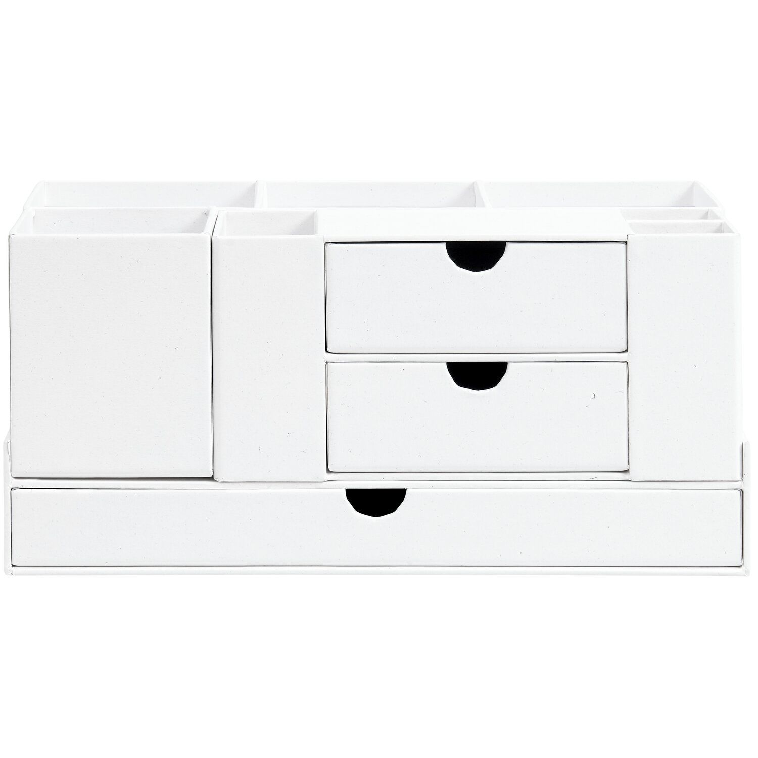 Office Box aus Recyclingkarton Front Ansicht Office Box aus Recyclingkarton mit Schubladen und offenen Fächern